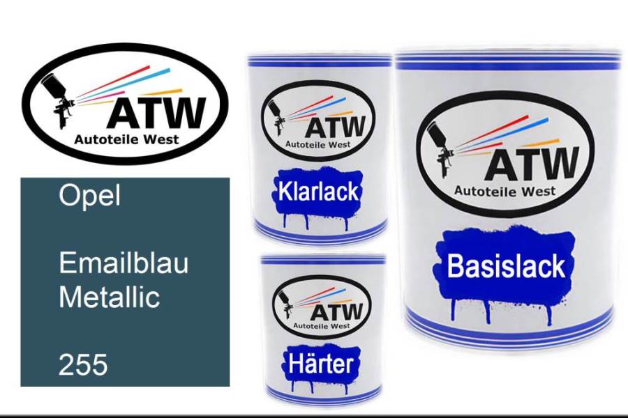 Opel, Emailblau Metallic, 255: 1L Lackdose + 1L Klarlack + 500ml Härter - Set, von ATW Autoteile West.